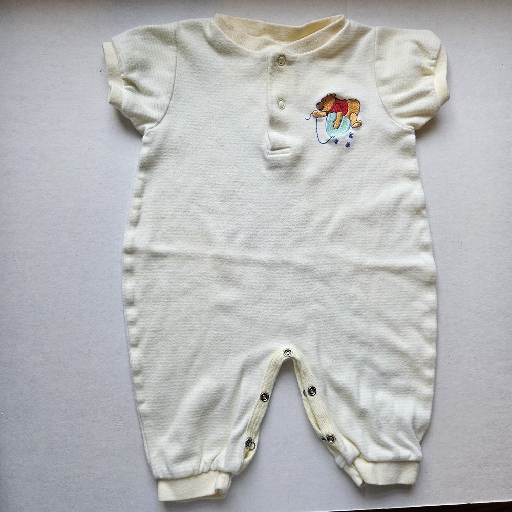 Vintage Yellow Disney Winnie the Pooh Romper Embroidered Applique Size 3-6m Y2K